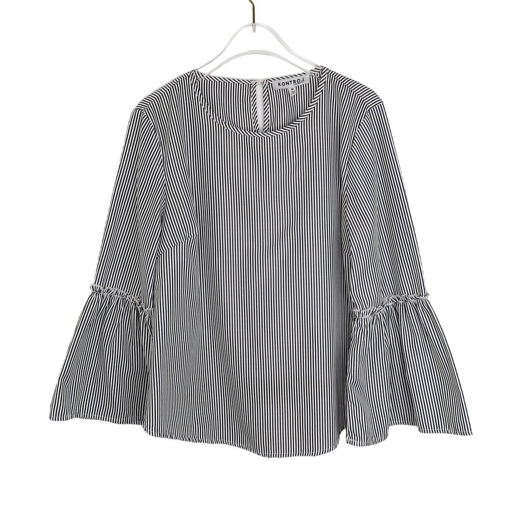Kontrol Contemporary Gray & White Ruffle Sleeve Striped Blouse Medium Preppy
